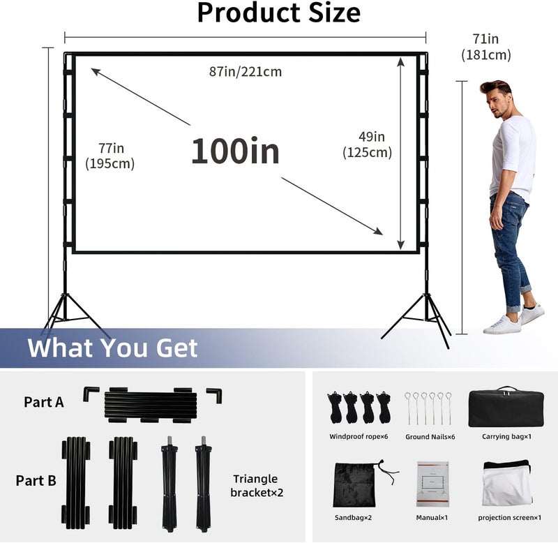 wootfairy Projector Screen with Stand, 100 inch Foldable and Portable Projection Screen 16:9 4K HD Rear Front Wrinkle-Free Movie Screen with Carry Bag for Indoor Outdoor Home Theater Backyard Cinema - Image 2